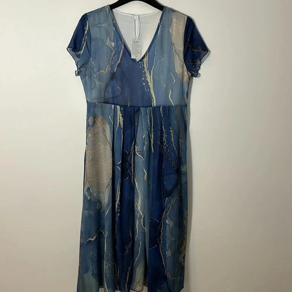 Maxi Long Dress Marble Chiffon Flowy Women Size Large V Neck Short Sleeve NWT - Picture 10 of 10
